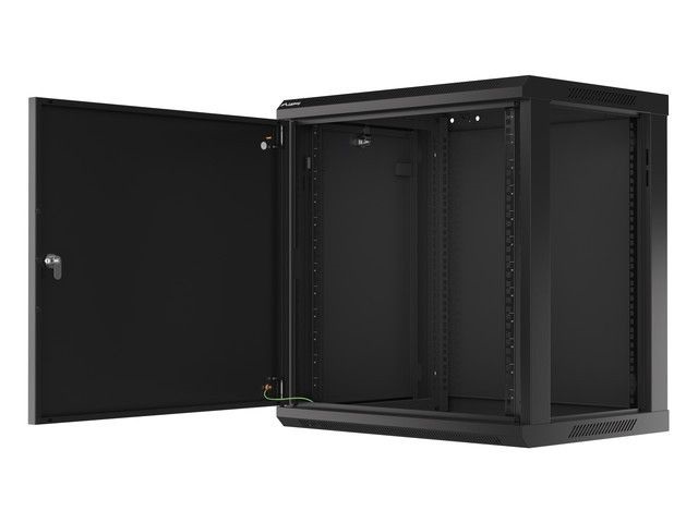 Lanberg WF01-6412-00B 19" 12U SZÉL:600mm MÉLY:450mm MAG:645mm lapraszerelt fémajtós fekete fali rack szekrény