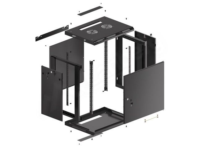 Lanberg WF01-6412-00B 19" 12U SZÉL:600mm MÉLY:450mm MAG:645mm lapraszerelt fémajtós fekete fali rack szekrény