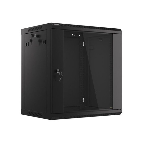 Lanberg WF01-6412-10B 19" 12U SZÉL:600mm MÉLY:450mm MAG:640mm lapraszerelt üvegajtós fekete fali rack szekrény