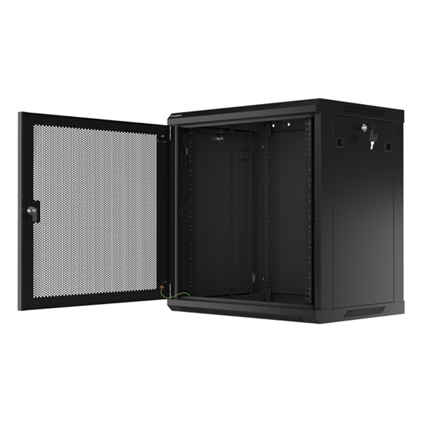 Lanberg WF01-6412-23B 19" 12U SZÉL:600mm MÉLY:450mm MAG:512mm lapraszerelt perforált ajtós fekete fali rack szekrény