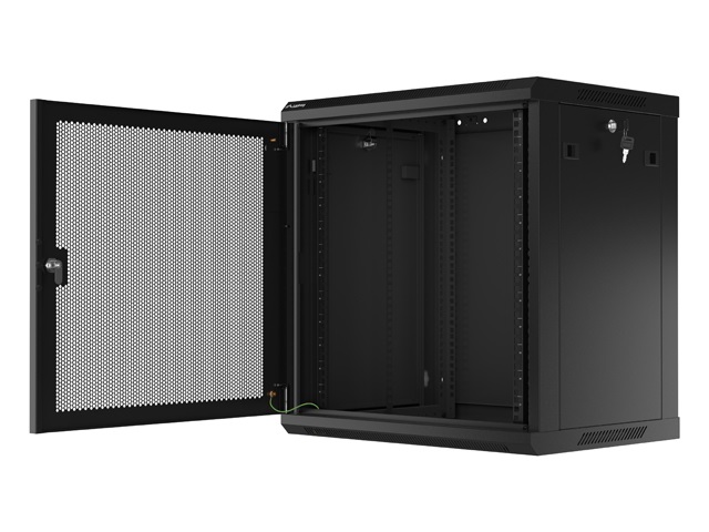 Lanberg WF01-6412-23B 19" 12U SZÉL:600mm MÉLY:450mm MAG:512mm lapraszerelt perforált ajtós fekete fali rack szekrény