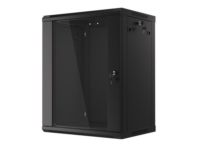 Lanberg WF01-6415-10B 19" 15U SZÉL:600mm MÉLY:450mm MAG:774mm lapraszerelt üvegajtós fekete fali rack szekrény