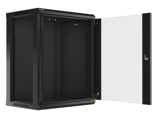 Lanberg WF01-6415-10B 19" 15U SZÉL:600mm MÉLY:450mm MAG:774mm lapraszerelt üvegajtós fekete fali rack szekrény