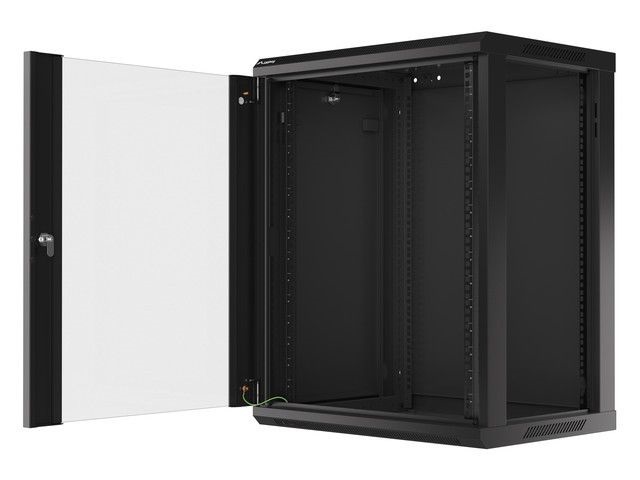 Lanberg WF01-6415-10B 19" 15U SZÉL:600mm MÉLY:450mm MAG:774mm lapraszerelt üvegajtós fekete fali rack szekrény