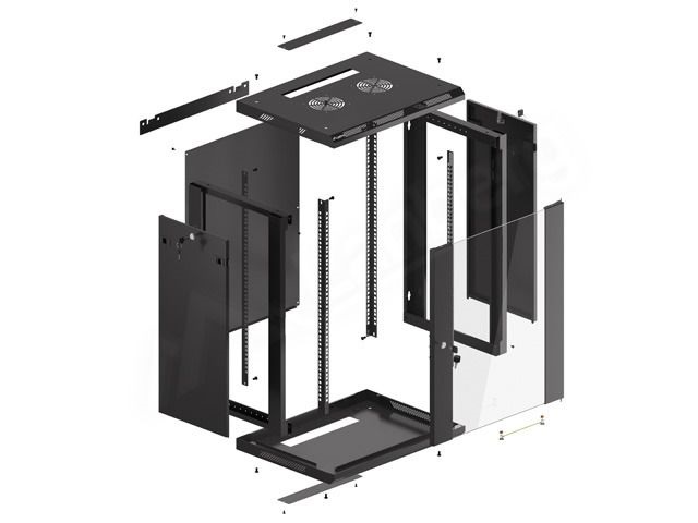 Lanberg WF01-6415-10B 19" 15U SZÉL:600mm MÉLY:450mm MAG:774mm lapraszerelt üvegajtós fekete fali rack szekrény
