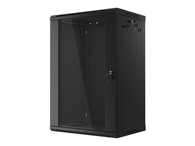 Lanberg WF01-6418-10B 19" 18U SZÉL:600mm MÉLY:450mm MAG:907mm lapraszerelt üvegajtós fekete fali rack szekrény