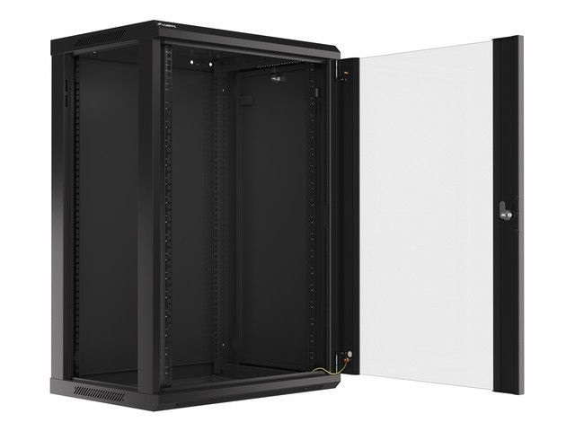 Lanberg WF01-6418-10B 19" 18U SZÉL:600mm MÉLY:450mm MAG:907mm lapraszerelt üvegajtós fekete fali rack szekrény