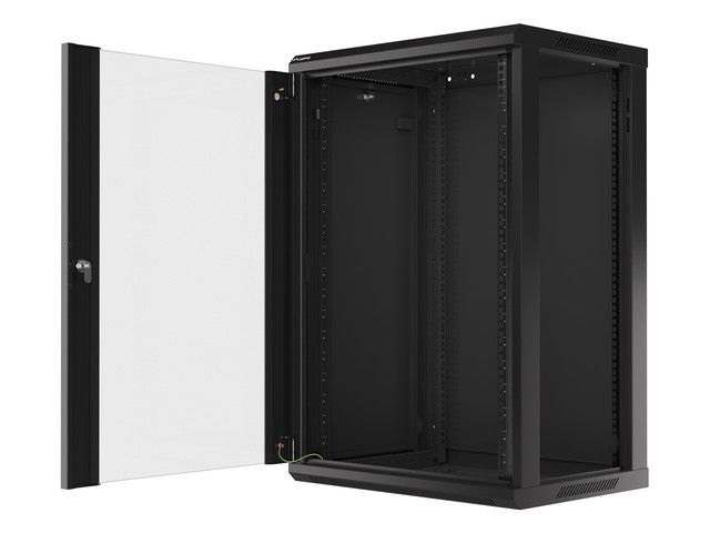 Lanberg WF01-6418-10B 19" 18U SZÉL:600mm MÉLY:450mm MAG:907mm lapraszerelt üvegajtós fekete fali rack szekrény