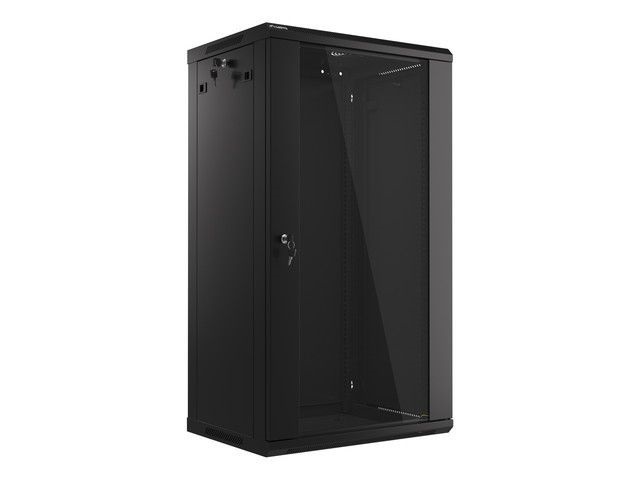 Lanberg WF01-6422-10B 19" 22U SZÉL:600mm MÉLY:450mm MAG:1085mm lapraszerelt üvegajtós fekete fali rack szekrény