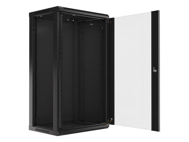 Lanberg WF01-6422-10B 19" 22U SZÉL:600mm MÉLY:450mm MAG:1085mm lapraszerelt üvegajtós fekete fali rack szekrény