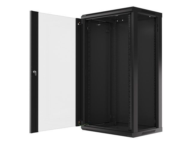 Lanberg WF01-6422-10B 19" 22U SZÉL:600mm MÉLY:450mm MAG:1085mm lapraszerelt üvegajtós fekete fali rack szekrény