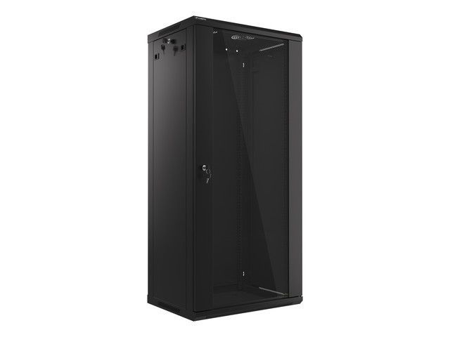 Lanberg WF01-6427-10B 19" 27U SZÉL:600mm MÉLY:450mm MAG:1307mm lapraszerelt üvegajtós fekete fali rack szekrény