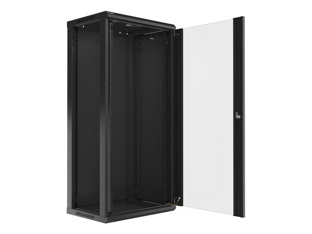 Lanberg WF01-6427-10B 19" 27U SZÉL:600mm MÉLY:450mm MAG:1307mm lapraszerelt üvegajtós fekete fali rack szekrény