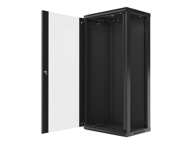Lanberg WF01-6427-10B 19" 27U SZÉL:600mm MÉLY:450mm MAG:1307mm lapraszerelt üvegajtós fekete fali rack szekrény