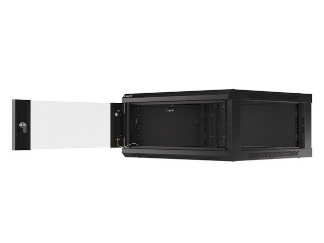 Lanberg WF01-6604-10B 19" 4U SZÉL:600mm MÉLY:600mm MAG:290mm lapraszerelt üvegajtós fekete fali rack szekrény