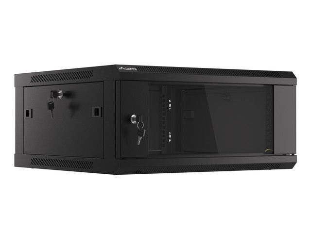 Lanberg WF01-6604-10B 19" 4U SZÉL:600mm MÉLY:600mm MAG:290mm lapraszerelt üvegajtós fekete fali rack szekrény