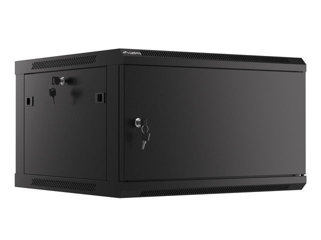 Lanberg WF01-6606-00B 19" 6U SZÉL:600mm MÉLY:600mm MAG:379mm lapraszerelt fémajtós fekete fali rack szekrény