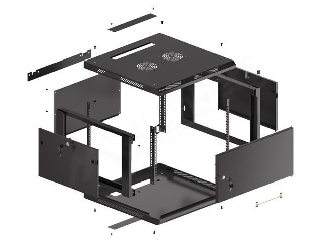 Lanberg WF01-6606-00B 19" 6U SZÉL:600mm MÉLY:600mm MAG:379mm lapraszerelt fémajtós fekete fali rack szekrény