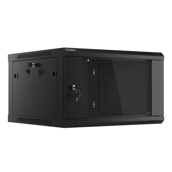 Lanberg WF01-6606-10B 19" 6U SZÉL:600mm MÉLY:600mm MAG:379mm lapraszerelt üvegajtós fekete fali rack szekrény
