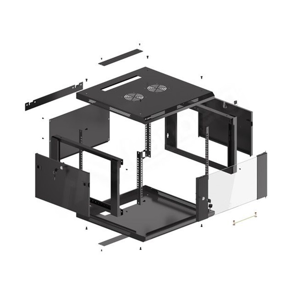 Lanberg WF01-6606-10B 19" 6U SZÉL:600mm MÉLY:600mm MAG:379mm lapraszerelt üvegajtós fekete fali rack szekrény