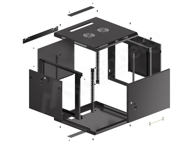 Lanberg WF01-6609-00B 19" 9U SZÉL:600mm MÉLY:600mm MAG:512mm lapraszerelt fémajtós fekete fali rack szekrény