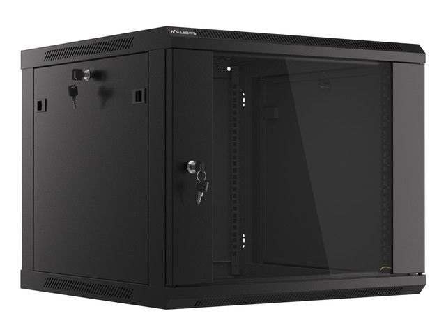 Lanberg WF01-6609-10B 19" 9U SZÉL:600mm MÉLY:600mm MAG:512mm lapraszerelt üvegajtós fekete fali rack szekrény