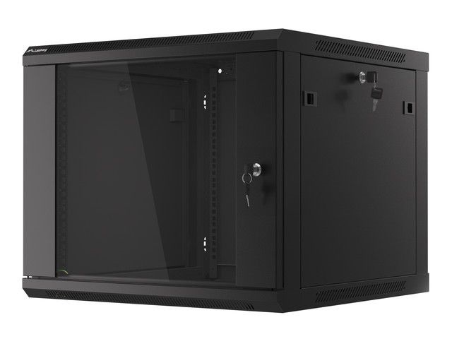Lanberg WF01-6609-10B 19" 9U SZÉL:600mm MÉLY:600mm MAG:512mm lapraszerelt üvegajtós fekete fali rack szekrény