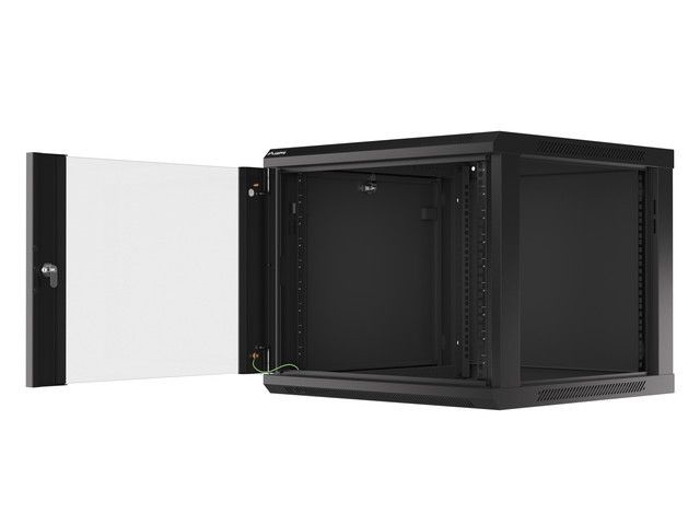 Lanberg WF01-6609-10B 19" 9U SZÉL:600mm MÉLY:600mm MAG:512mm lapraszerelt üvegajtós fekete fali rack szekrény
