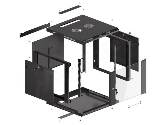 Lanberg WF01-6609-10B 19" 9U SZÉL:600mm MÉLY:600mm MAG:512mm lapraszerelt üvegajtós fekete fali rack szekrény