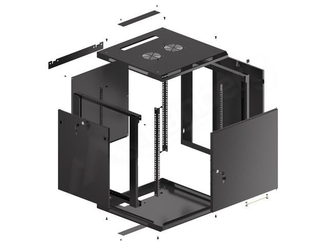 Lanberg WF01-6612-00B 19" 12U SZÉL:600mm MÉLY:600mm MAG:645mm lapraszerelt fémajtós fekete fali rack szekrény