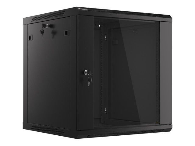 Lanberg WF01-6612-10B 19" 12U SZÉL:600mm MÉLY:600mm MAG:640mm lapraszerelt üvegajtós fekete fali rack szekrény