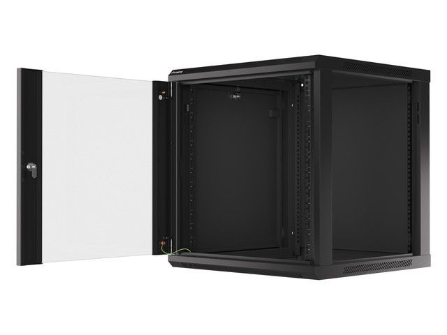 Lanberg WF01-6612-10B 19" 12U SZÉL:600mm MÉLY:600mm MAG:640mm lapraszerelt üvegajtós fekete fali rack szekrény