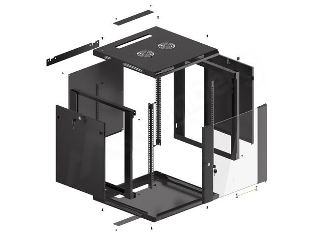 Lanberg WF01-6612-10B 19" 12U SZÉL:600mm MÉLY:600mm MAG:640mm lapraszerelt üvegajtós fekete fali rack szekrény