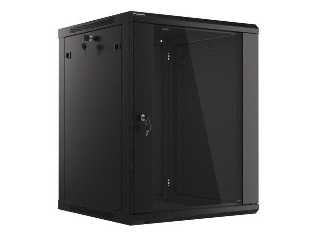 Lanberg WF01-6615-10B 19" 15U SZÉL:600mm MÉLY:600mm MAG:774mm lapraszerelt üvegajtós fekete fali rack szekrény