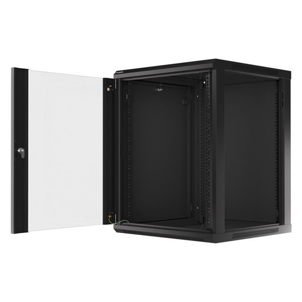 Lanberg WF01-6615-10B 19" 15U SZÉL:600mm MÉLY:600mm MAG:774mm lapraszerelt üvegajtós fekete fali rack szekrény