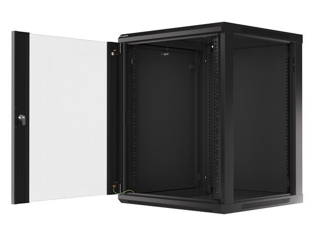 Lanberg WF01-6615-10B 19" 15U SZÉL:600mm MÉLY:600mm MAG:774mm lapraszerelt üvegajtós fekete fali rack szekrény