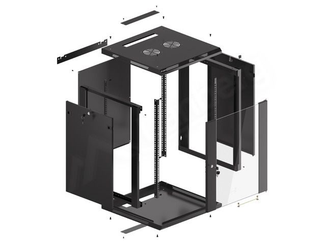Lanberg WF01-6615-10B 19" 15U SZÉL:600mm MÉLY:600mm MAG:774mm lapraszerelt üvegajtós fekete fali rack szekrény