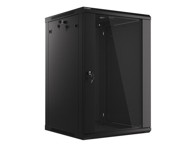 Lanberg WF01-6618-10B 19" 18U SZÉL:600mm MÉLY:600mm MAG:907mm lapraszerelt üvegajtós fekete fali rack szekrény