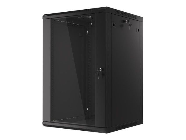 Lanberg WF01-6618-10B 19" 18U SZÉL:600mm MÉLY:600mm MAG:907mm lapraszerelt üvegajtós fekete fali rack szekrény