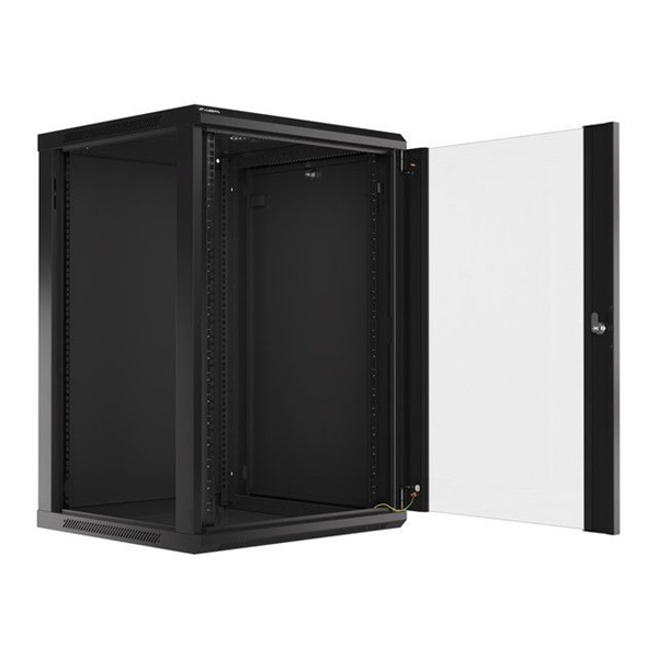 Lanberg WF01-6618-10B 19" 18U SZÉL:600mm MÉLY:600mm MAG:907mm lapraszerelt üvegajtós fekete fali rack szekrény