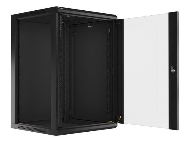 Lanberg WF01-6618-10B 19" 18U SZÉL:600mm MÉLY:600mm MAG:907mm lapraszerelt üvegajtós fekete fali rack szekrény