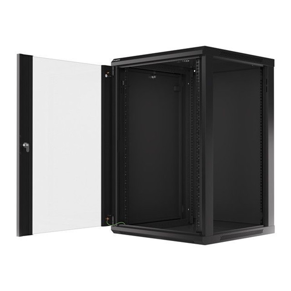 Lanberg WF01-6618-10B 19" 18U SZÉL:600mm MÉLY:600mm MAG:907mm lapraszerelt üvegajtós fekete fali rack szekrény