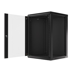 Lanberg WF01-6618-10B 19" 18U SZÉL:600mm MÉLY:600mm MAG:907mm lapraszerelt üvegajtós fekete fali rack szekrény