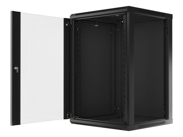 Lanberg WF01-6618-10B 19" 18U SZÉL:600mm MÉLY:600mm MAG:907mm lapraszerelt üvegajtós fekete fali rack szekrény