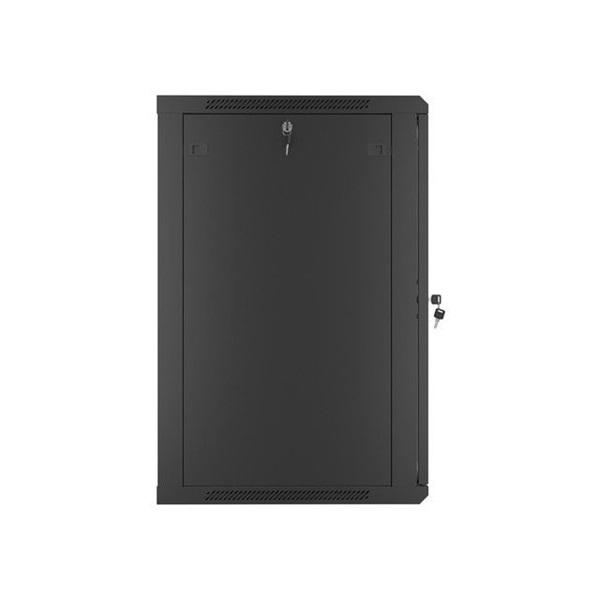 Lanberg WF01-6618-10B 19" 18U SZÉL:600mm MÉLY:600mm MAG:907mm lapraszerelt üvegajtós fekete fali rack szekrény