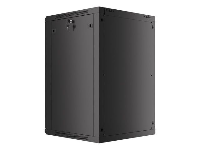 Lanberg WF01-6618-10B 19" 18U SZÉL:600mm MÉLY:600mm MAG:907mm lapraszerelt üvegajtós fekete fali rack szekrény