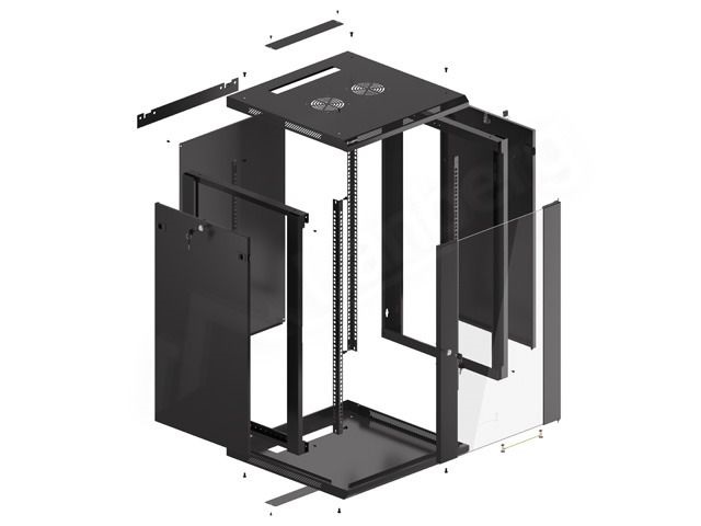 Lanberg WF01-6618-10B 19" 18U SZÉL:600mm MÉLY:600mm MAG:907mm lapraszerelt üvegajtós fekete fali rack szekrény
