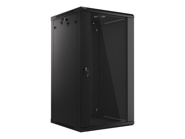 Lanberg WF01-6622-10B 19" 22U SZÉL:600mm MÉLY:600mm MAG:1085mm lapraszerelt üvegajtós fekete fali rack szekrény