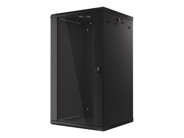 Lanberg WF01-6622-10B 19" 22U SZÉL:600mm MÉLY:600mm MAG:1085mm lapraszerelt üvegajtós fekete fali rack szekrény