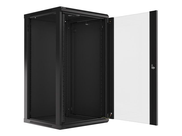 Lanberg WF01-6622-10B 19" 22U SZÉL:600mm MÉLY:600mm MAG:1085mm lapraszerelt üvegajtós fekete fali rack szekrény